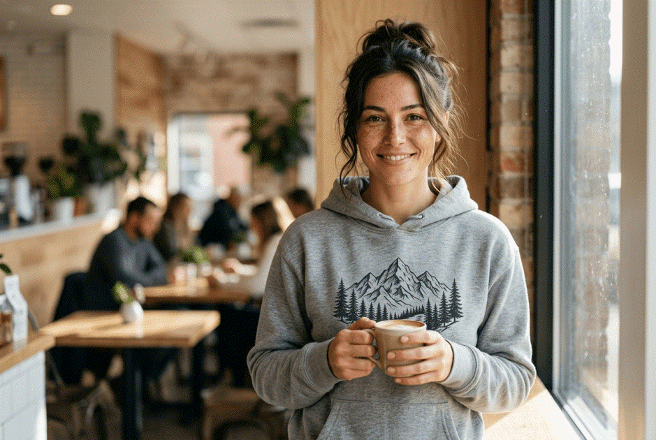 AI model photography example of a woman wearing a product hoodie in a lifestyle setting.