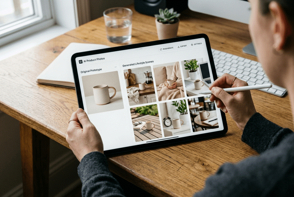 Designer using an AI product photo tool to create mockups for a new product.