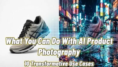 AI product photography transforming a shoe from a white background to a dynamic city scene.
