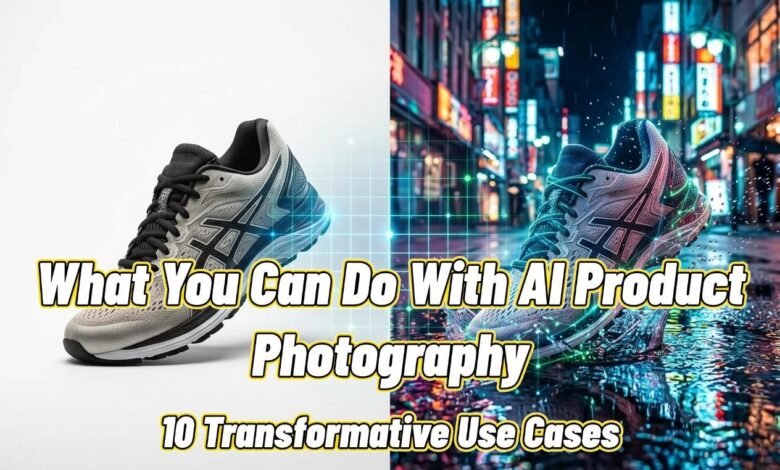 AI product photography transforming a shoe from a white background to a dynamic city scene.