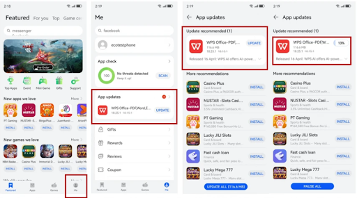 Huawei WPS Office installed from AppGallery for editing Word, Excel, PowerPoint, and PDF documents.