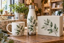 Personalised bottles, ceramic mugs and keepsake boxes decorated with coordinated UV DTF designs