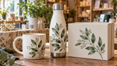 Personalised bottles, ceramic mugs and keepsake boxes decorated with coordinated UV DTF designs