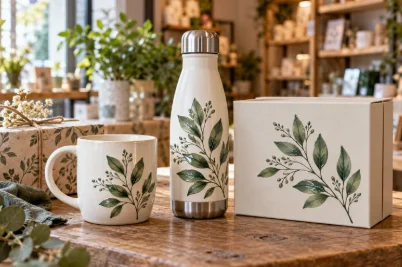 Personalised bottles, ceramic mugs and keepsake boxes decorated with coordinated UV DTF designs